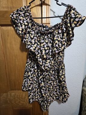 Rue21 Black Floral Off-Shoulder Romper with Pink & Yellow Flowers